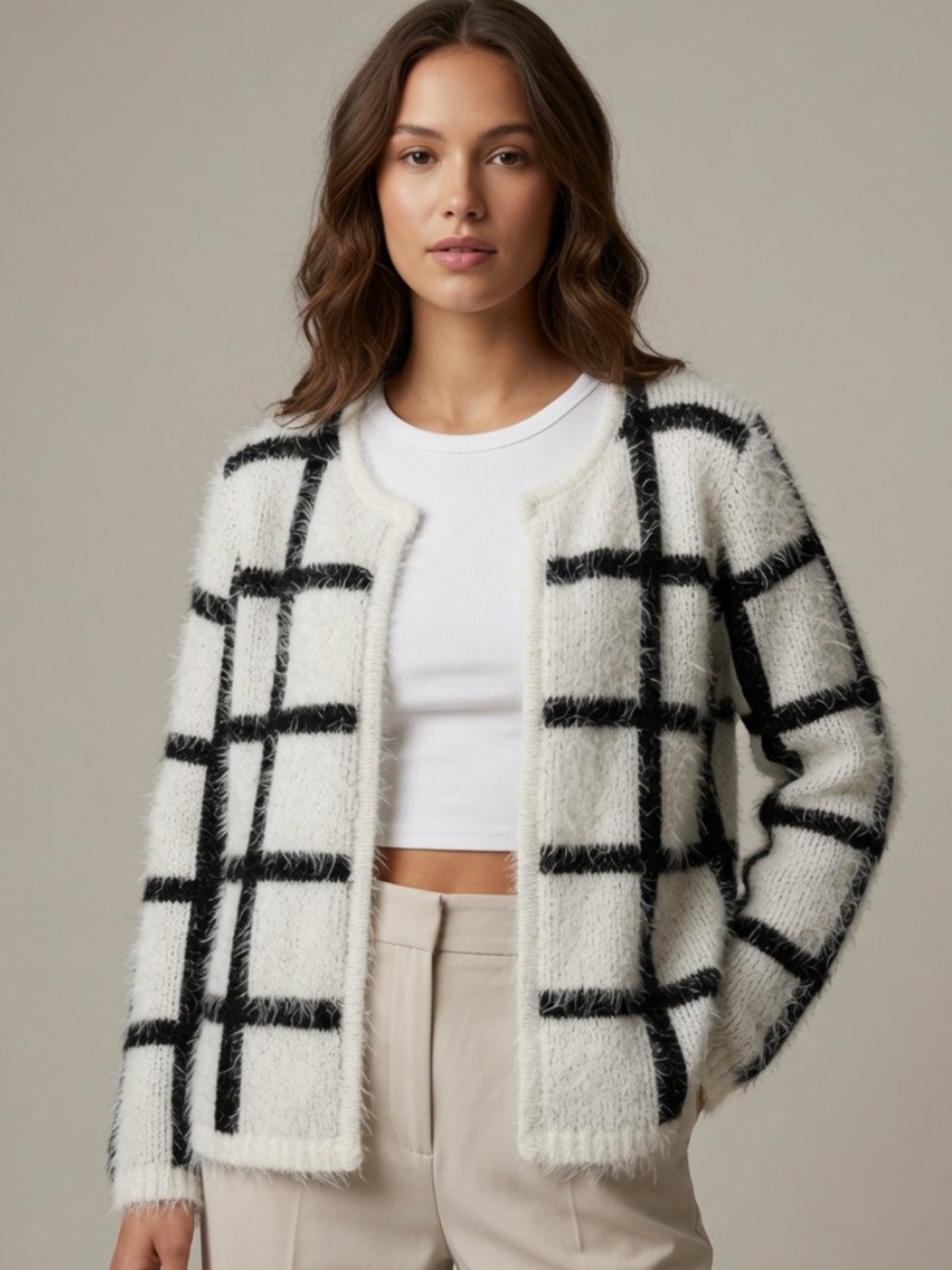 New Directions Petite Open Front Cardigan Sweater Checkered Stripes